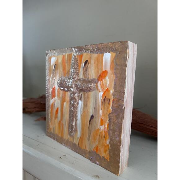 Gold Cross on Wood Painting Hand Painted Puffy Wall Art 5x5 Block Fall Style - Picture 8 of 10